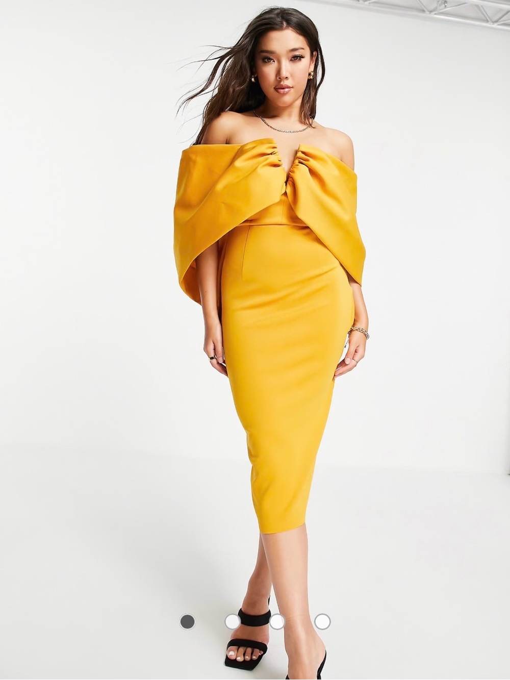 ASOS Mustard Off-Shoulder Bow Midi Dress
